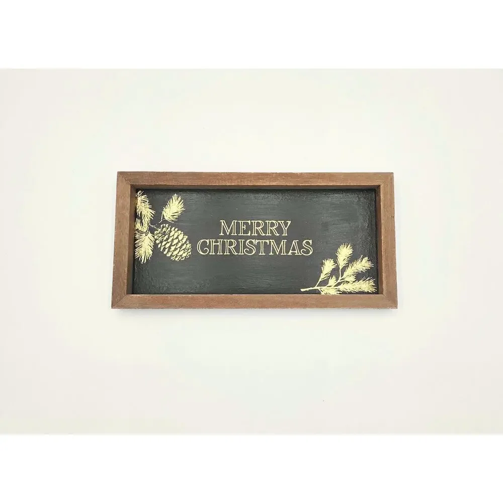 Upcycled Green Christmas Wall Art – Gold Tree, Floral Border (Ready to Hang)